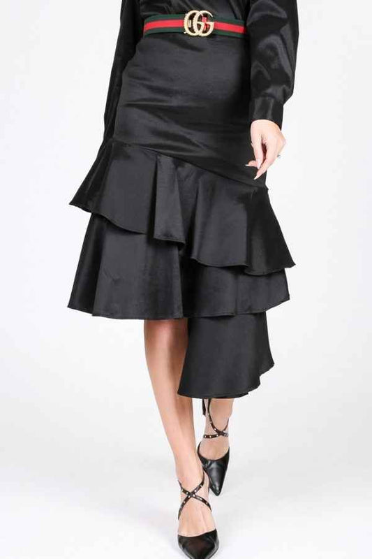 Sale - Asymmetrical Ruffle Bottom Satin Skirt – On Sale Now