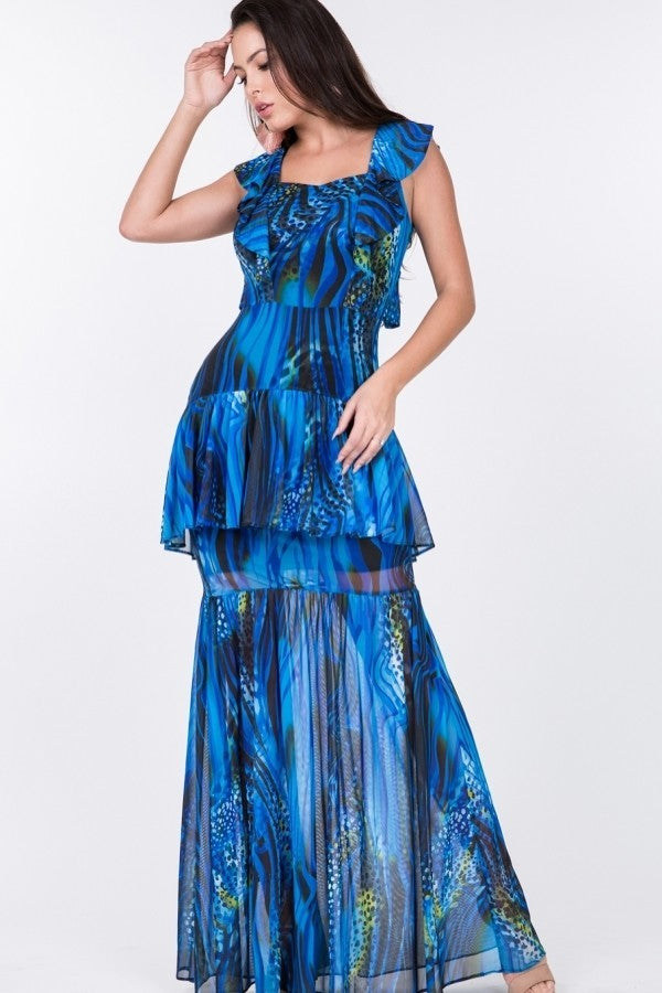 Ruffle Sleeve Tiered Bottom Print Long Dress-Product Type | Naughty Smile Fashion