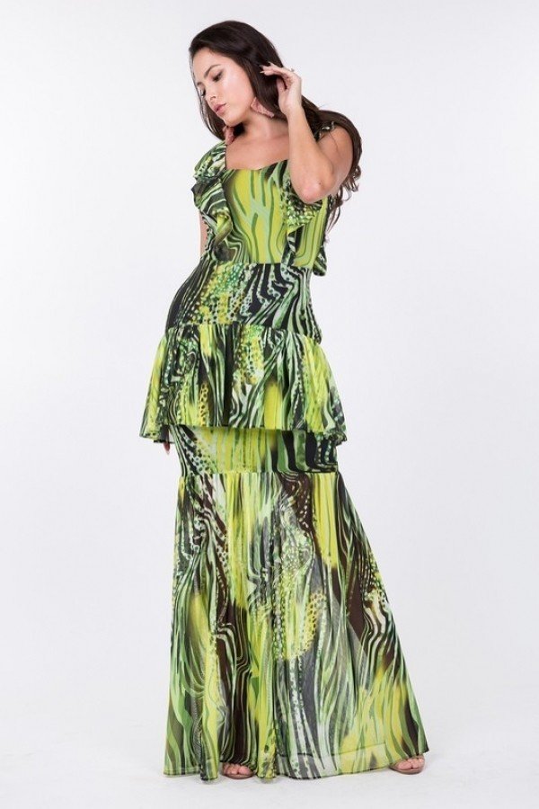 Ruffle Sleeve Tiered Bottom Print Long Dress-Product Type | Naughty Smile Fashion