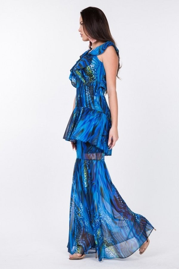 Ruffle Sleeve Tiered Bottom Print Long Dress-Product Type | Naughty Smile Fashion