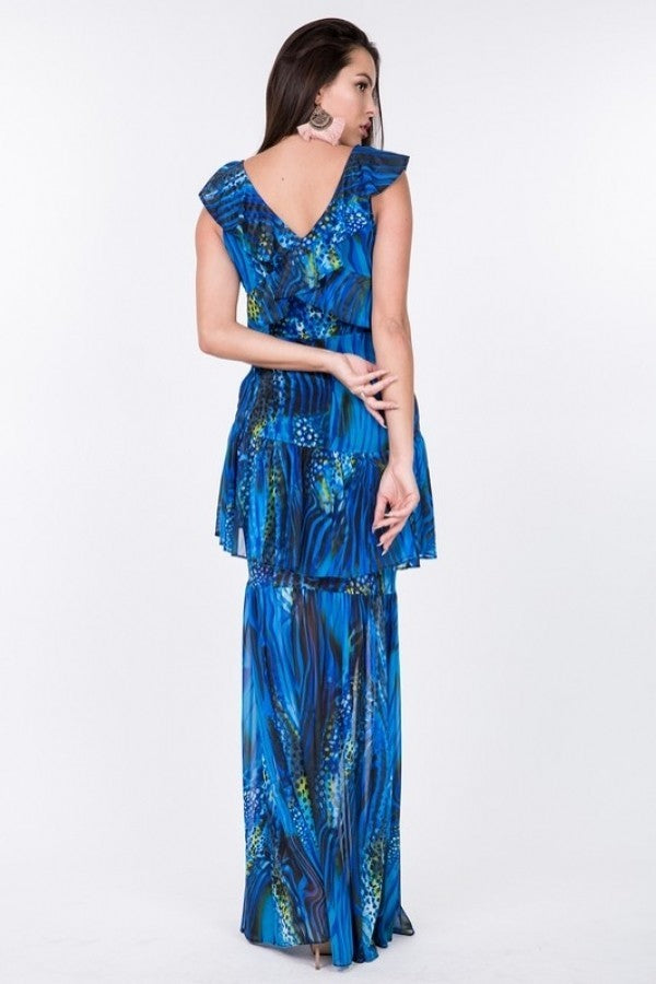 Ruffle Sleeve Tiered Bottom Print Long Dress-Product Type | Naughty Smile Fashion