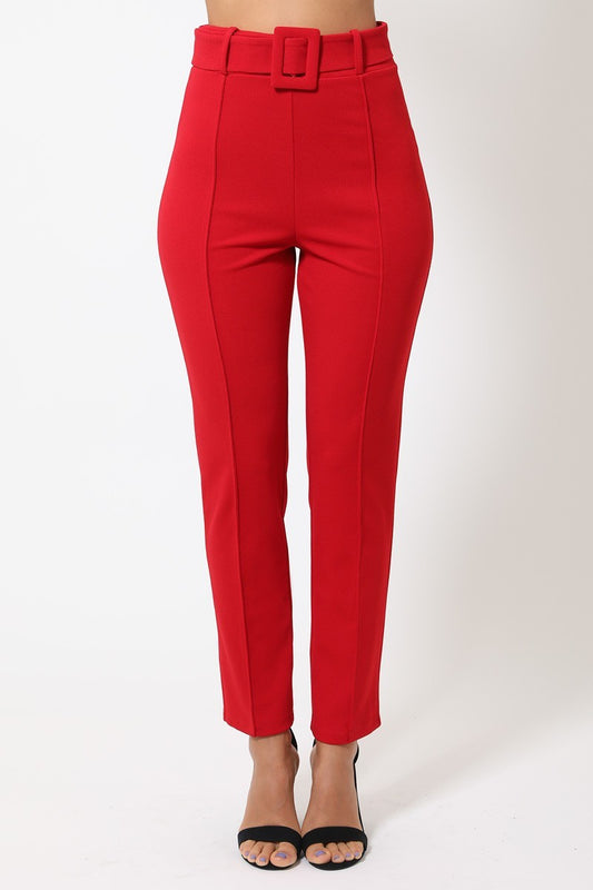 Ankle Tapered Self-fabric Buckle Belt Pants – red, fashion, women style