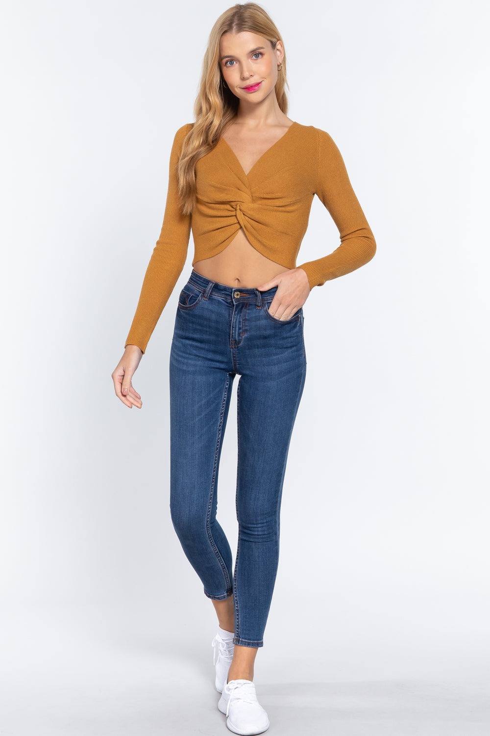 V-neck Front Knotted Crop Sweater-Product Type | Naughty Smile Fashion