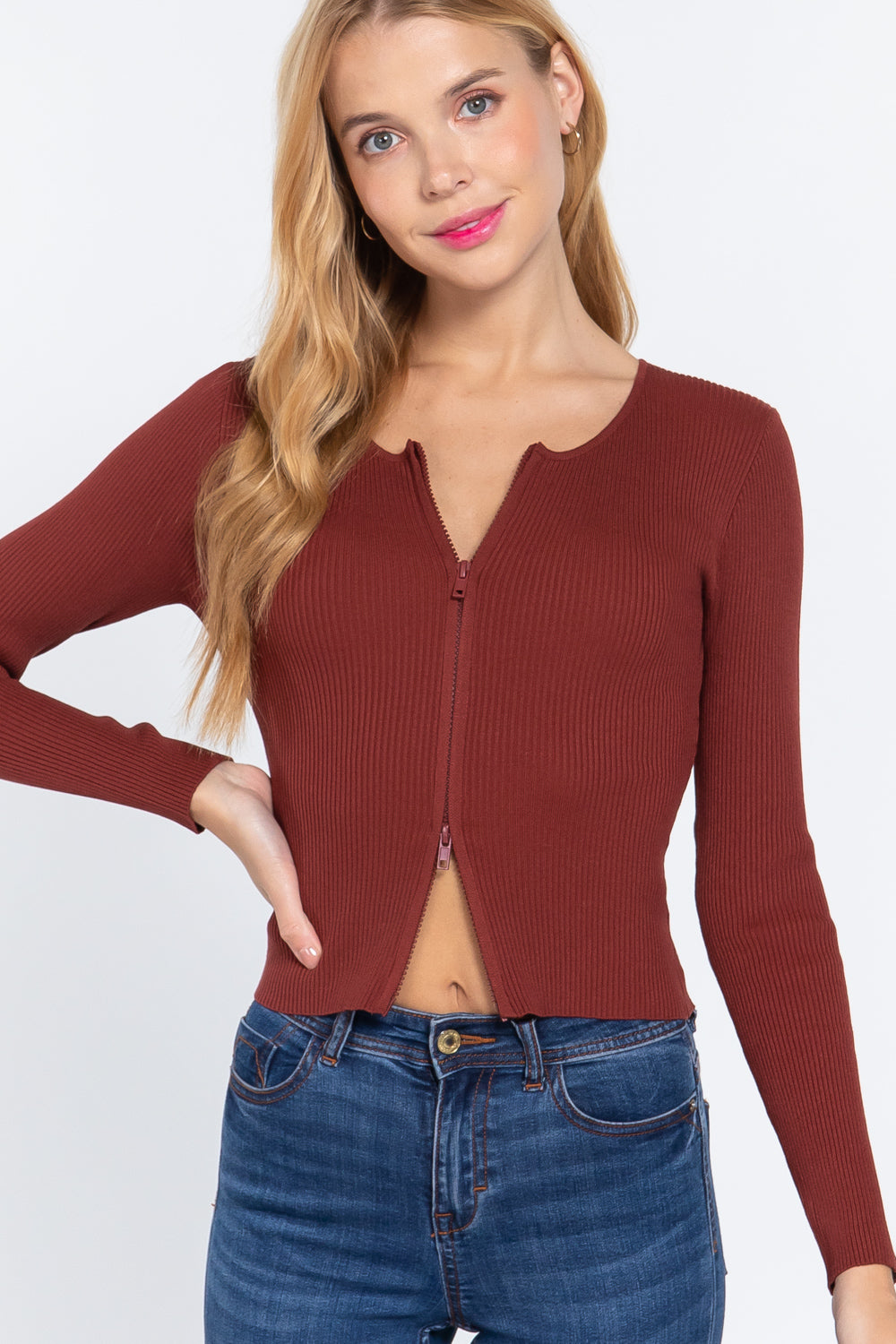 Rib Sweater Top W/front Zipper-Product Type | Naughty Smile Fashion
