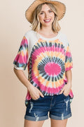 French Terry Tie Dye Printed Casual Mini Bubble Sleeves Tunic Top-Product Type | Naughty Smile Fashion