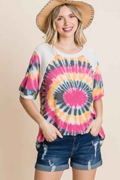 Sale - French Terry Tie Dye Printed Casual Mini Bubble Sleeves Tunic Top – On Sale Now