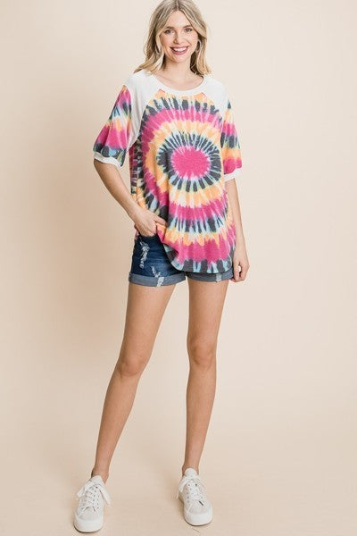 French Terry Tie Dye Printed Casual Mini Bubble Sleeves Tunic Top-Product Type | Naughty Smile Fashion