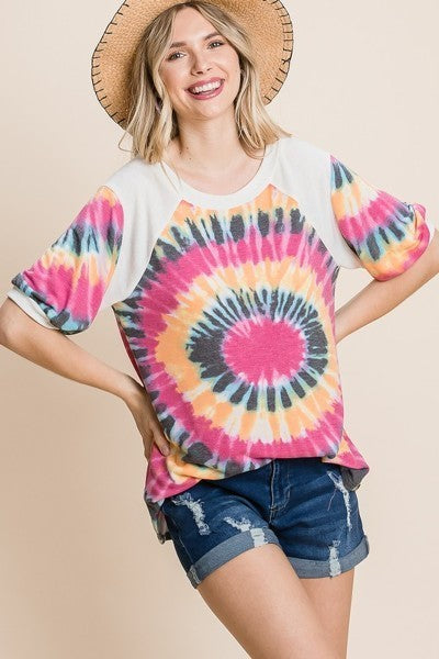 French Terry Tie Dye Printed Casual Mini Bubble Sleeves Tunic Top-Product Type | Naughty Smile Fashion