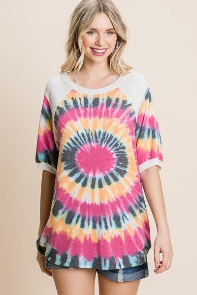 French Terry Tie Dye Printed Casual Mini Bubble Sleeves Tunic Top-Product Type | Naughty Smile Fashion