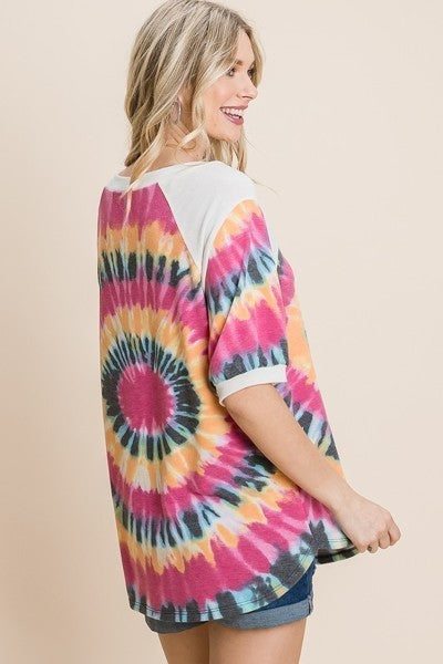 French Terry Tie Dye Printed Casual Mini Bubble Sleeves Tunic Top-Product Type | Naughty Smile Fashion