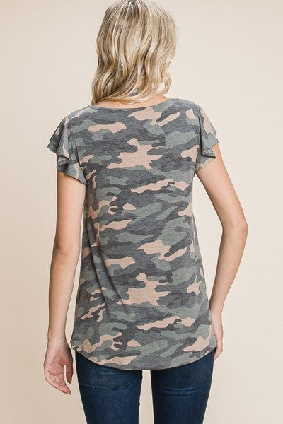 Army Camo Printed Cut Out Neckline Short Flutter Sleeves Casual Basic Top-Product Type | Naughty Smile Fashion