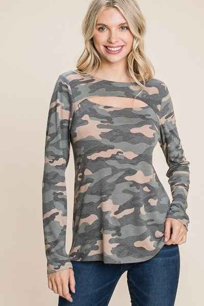 Sale - Army Camo Printed Cut Out Neckline Long Sleeves Casual Basic Top – On Sale Now