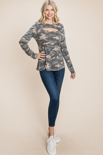 Army Camo Printed Cut Out Neckline Long Sleeves Casual Basic Top-Product Type | Naughty Smile Fashion