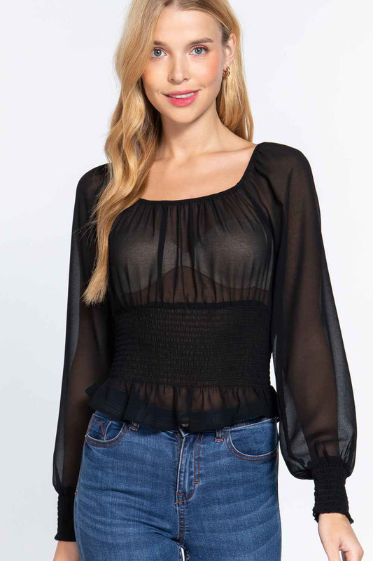 Sale - Long Slv Smocked Chiffon Top – On Sale Now
