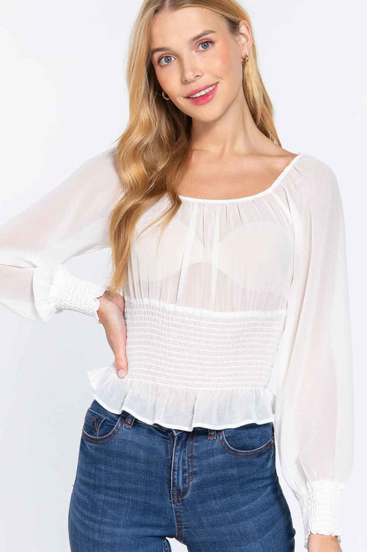 Sale - Long Slv Smocked Chiffon Top – On Sale Now