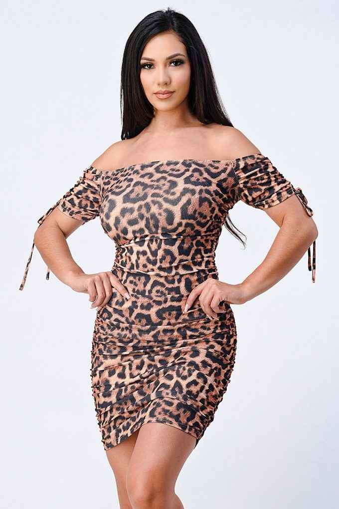Sale - Leopard Print Off Shoulder Shirring Bodycon Dress – On Sale Now