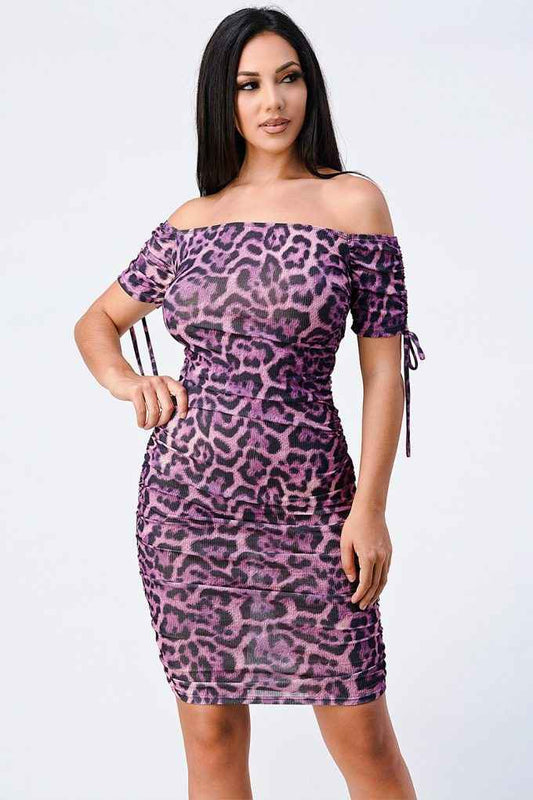 Sale - Leopard Print Off Shoulder Shirring Bodycon Dress – On Sale Now