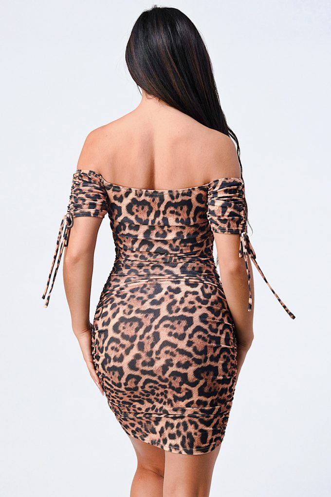 Leopard Print Off Shoulder Shirring Bodycon Dress-Product Type | Naughty Smile Fashion