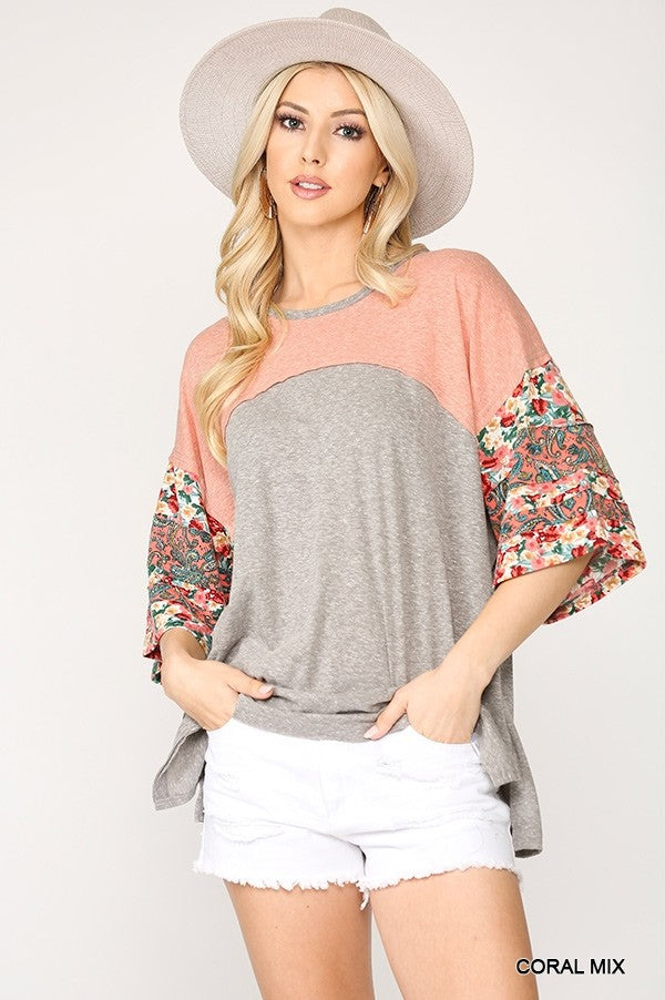 Colorblock Knit And Floral Print Mixed Top With Dolman Sleeve-Product Type | Naughty Smile Fashion