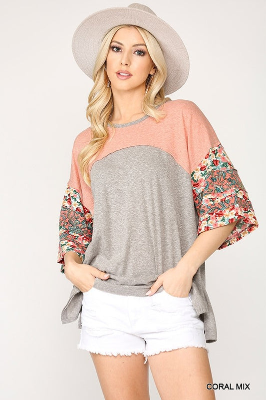 Sale - Colorblock Knit And Floral Print Mixed Top With Dolman Sleeve – On Sale Now