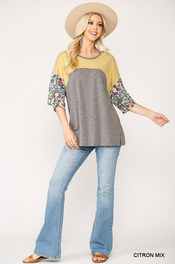 Colorblock Knit And Floral Print Mixed Top With Dolman Sleeve-Product Type | Naughty Smile Fashion
