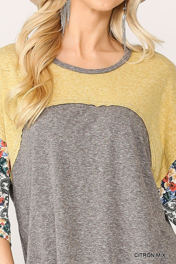 Colorblock Knit And Floral Print Mixed Top With Dolman Sleeve-Product Type | Naughty Smile Fashion