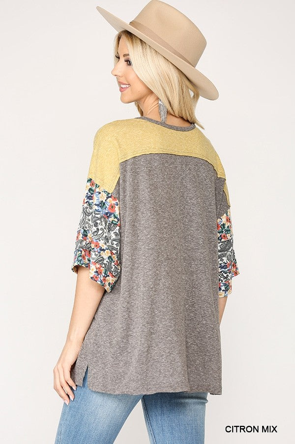 Colorblock Knit And Floral Print Mixed Top With Dolman Sleeve-Product Type | Naughty Smile Fashion