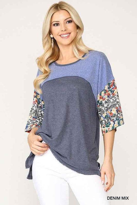 Sale - Colorblock Knit And Floral Print Mixed Top With Dolman Sleeve – On Sale Now