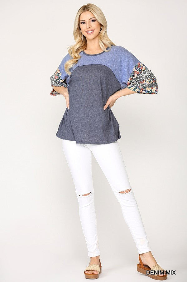 Colorblock Knit And Floral Print Mixed Top With Dolman Sleeve-Product Type | Naughty Smile Fashion