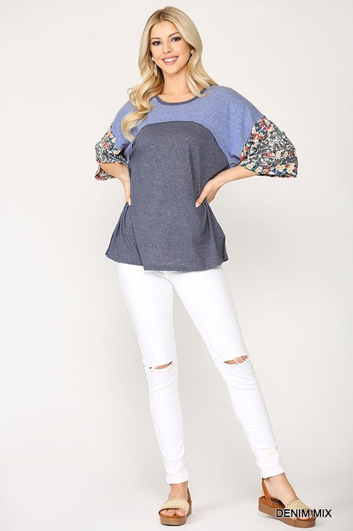 Colorblock Knit And Floral Print Mixed Top With Dolman Sleeve-Product Type | Naughty Smile Fashion