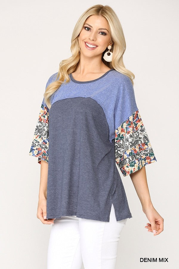 Colorblock Knit And Floral Print Mixed Top With Dolman Sleeve-Product Type | Naughty Smile Fashion