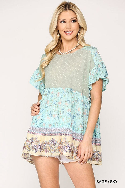 Sale - Dot And Floral Print Mixed Ruffle Top With Back Keyhole – On Sale Now