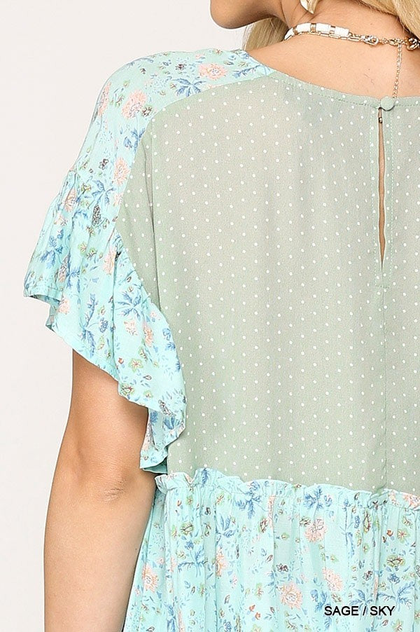 Dot And Floral Print Mixed Ruffle Top With Back Keyhole-Product Type | Naughty Smile Fashion