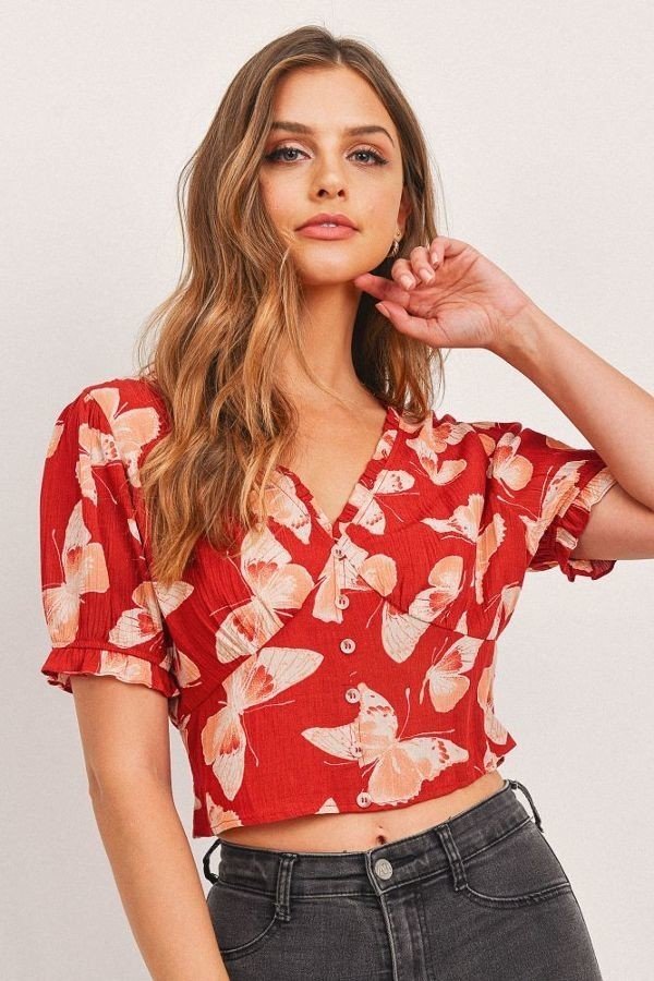 Butterfly Vneck Crop Smocked Back Waist-Product Type | Naughty Smile Fashion