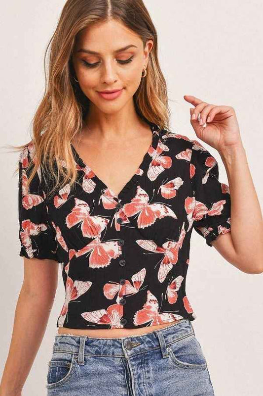 Sale - Butterfly Vneck Crop Smocked Back Waist – On Sale Now