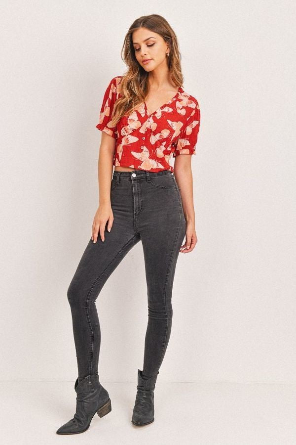 Butterfly Vneck Crop Smocked Back Waist-Product Type | Naughty Smile Fashion