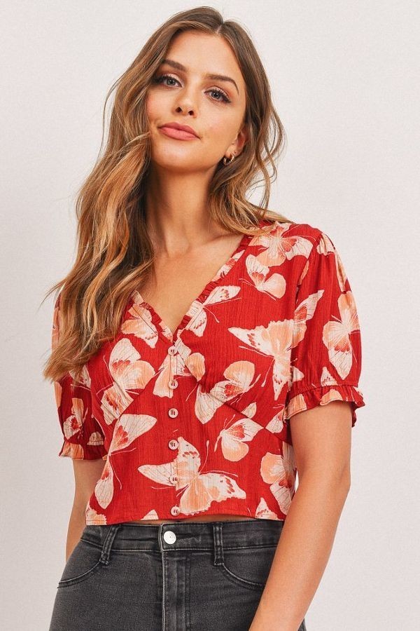 Butterfly Vneck Crop Smocked Back Waist-Product Type | Naughty Smile Fashion