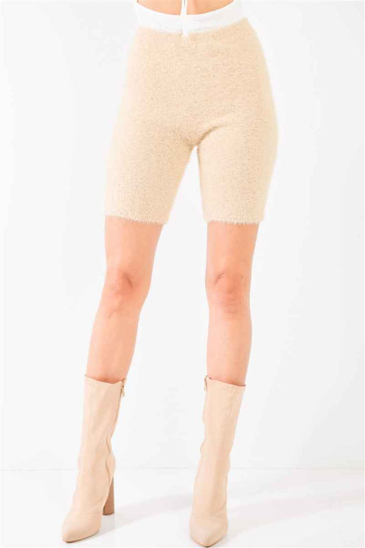 Sale - Oatmeal Beige Knit High Waist Stretchy Warm Fuzzy Biker Shorts – On Sale Now
