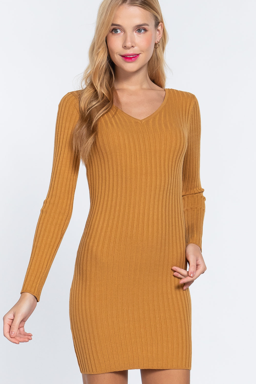 Long Slv V-neck Sweater Mini Dress-Product Type | Naughty Smile Fashion