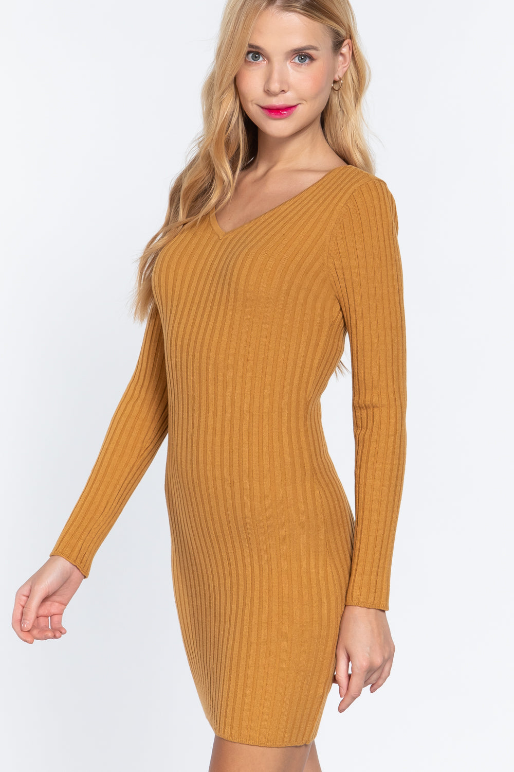 Long Slv V-neck Sweater Mini Dress-Product Type | Naughty Smile Fashion
