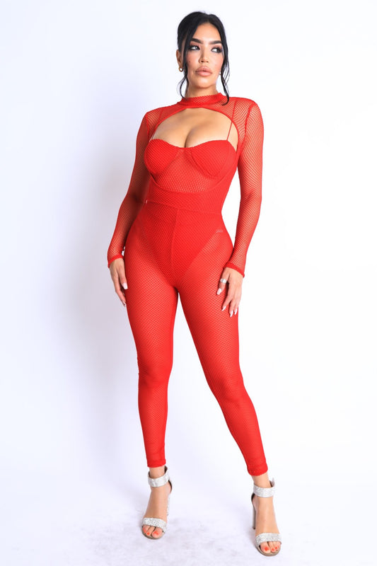 Mesh Crop Jumpsuit Set – red, fashion, women style