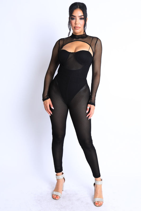 Mesh Crop Jumpsuit Set – black, fashion, women style