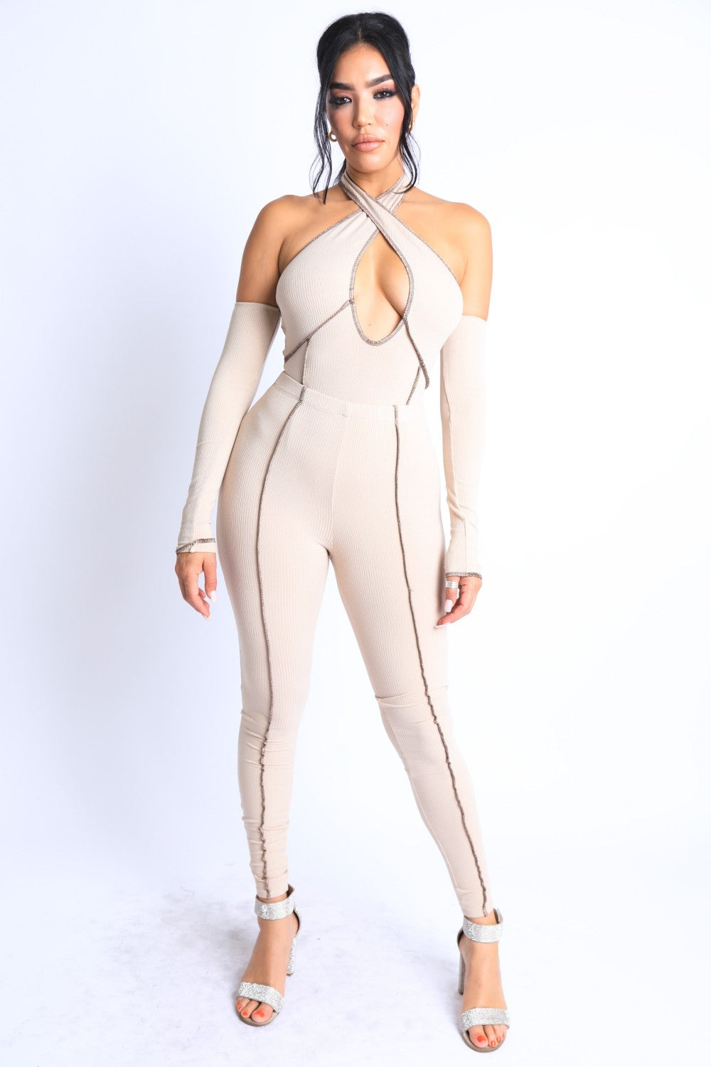 Overlock Detailed Cross Halter Keyhole Neck Off Shoulder Set-Product Type | Naughty Smile Fashion