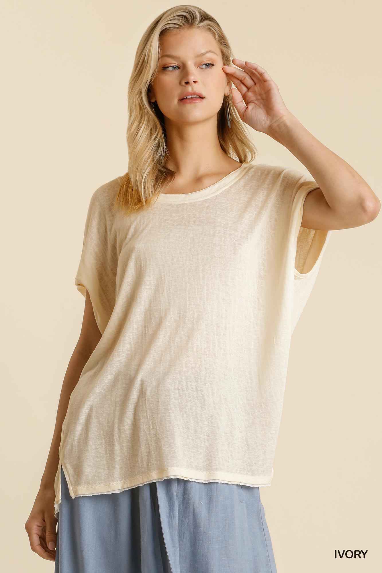 Sale - Short Sheer Dolman Sleeve Scoop Neck Top With Side Slit – On Sale Now