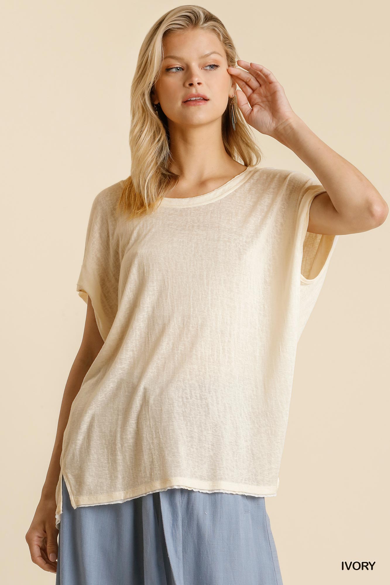 Short Sheer Dolman Sleeve Scoop Neck Top With Side Slit-Product Type | Naughty Smile Fashion