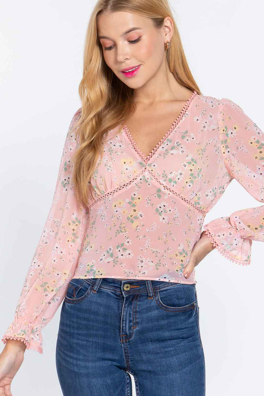 Sale - Ruffle Slv Floral Print Chiffon Top – On Sale Now