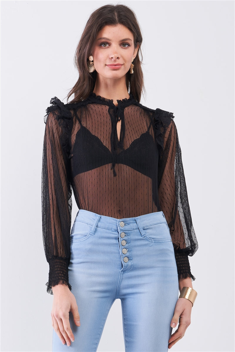 Black Sheer Mesh Polka Dot Frill Trim Long Sleeve Bodysuit-Product Type | Naughty Smile Fashion