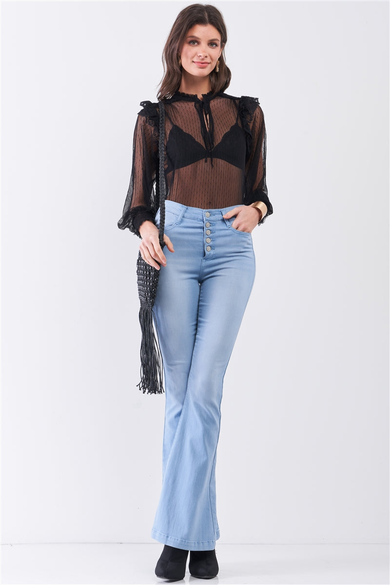 Black Sheer Mesh Polka Dot Frill Trim Long Sleeve Bodysuit-Product Type | Naughty Smile Fashion