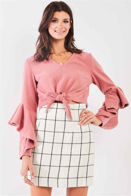 Sale - Fuzzy long ruffle sleeve v-neck self-tie front detail cropped top – On Sale Now