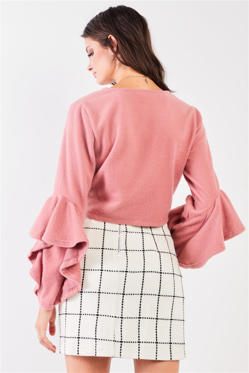 Fuzzy long ruffle sleeve v-neck self-tie front detail cropped top-Product Type | Naughty Smile Fashion